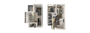 a rendering of a bedroom and a living room