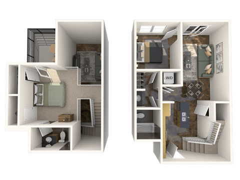 a rendering of a bedroom and a living room