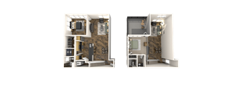 a rendering and a 3d floor plan of a hotel room