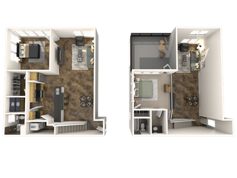a rendering and a 3d floor plan of a hotel room