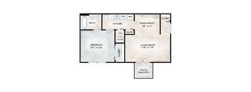 A floor plan of a house with a bedroom, living room, kitchen, and bathroom.