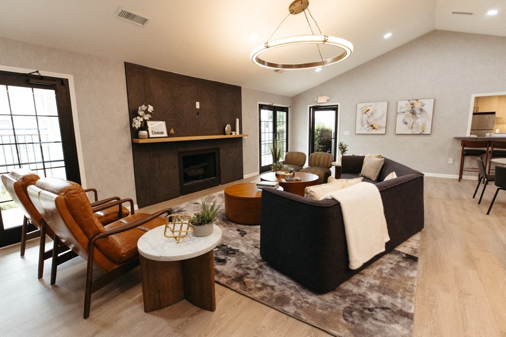 a living room with a couch and a table
