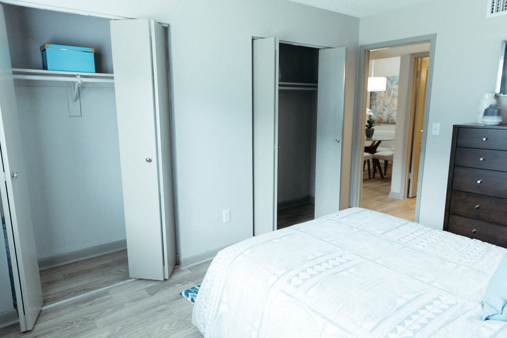 a bedroom with a bed and a closet and a dresser