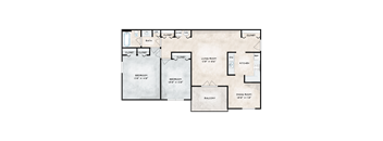 A floor plan of a house with three bedrooms, a living room, a kitchen, a dining room, a balcony, and closets.