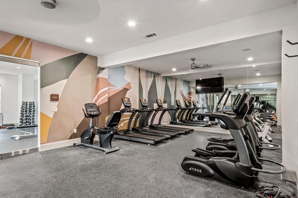 a gym with rows of cardio machines and a wall mural