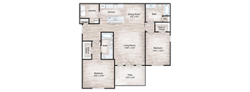 A floor plan of a house with a living room, dining room, kitchen, and two bedrooms.