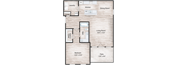 A floor plan of a house showing a living room, dining room, kitchen, bedroom, and bathroom.