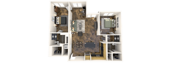 a 3d rendering of a furnished floor plan with a bedroom and a living room