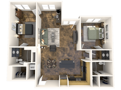 a 3d rendering of a furnished floor plan with a bedroom and a living room
