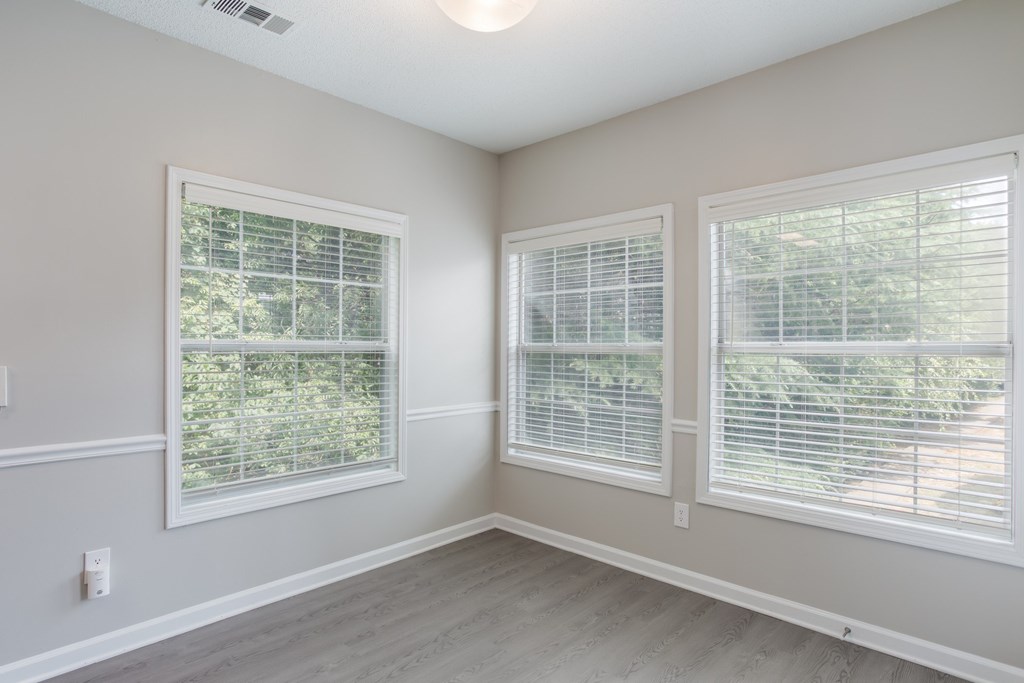 A room with two windows and a ceiling light.