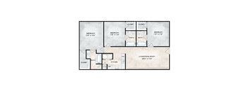 A floor plan of a house with three bedrooms, a living/dining room, a kitchen, and two bathrooms.