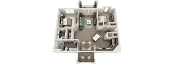 A 3D floor plan of a house with a living room, kitchen, and two bedrooms.