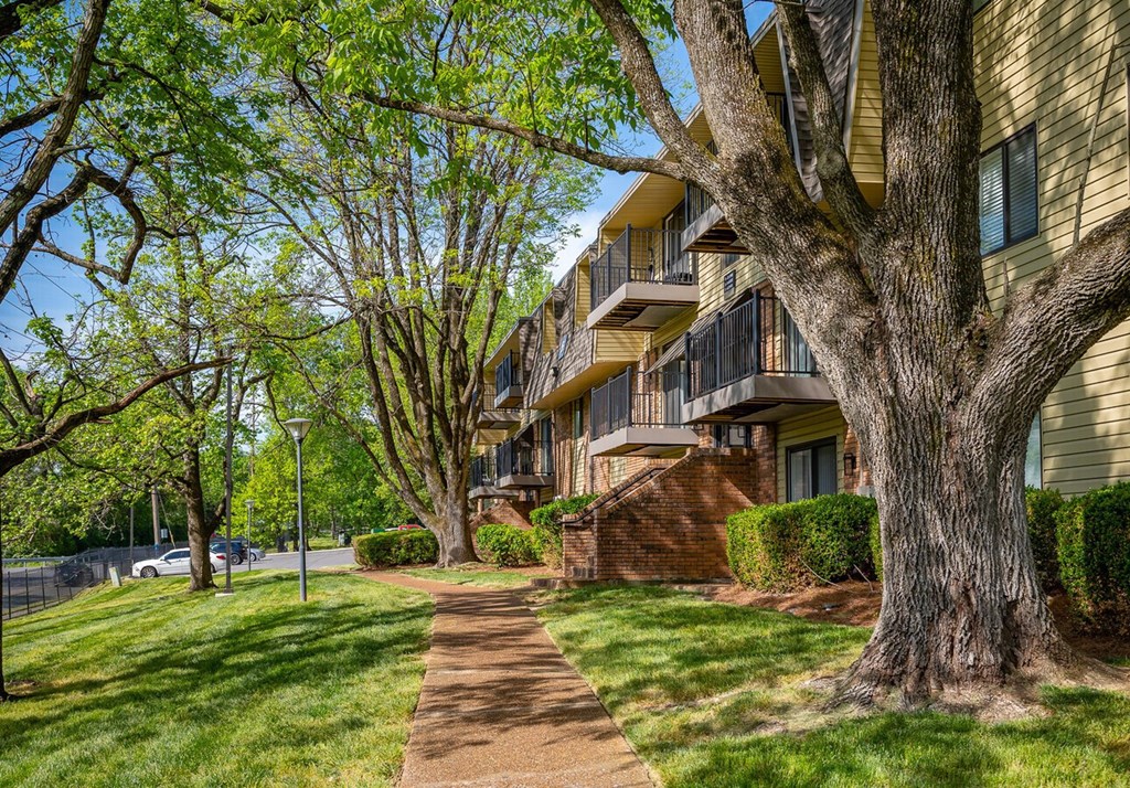 A tree-lined walkway leads to a building with balconies.