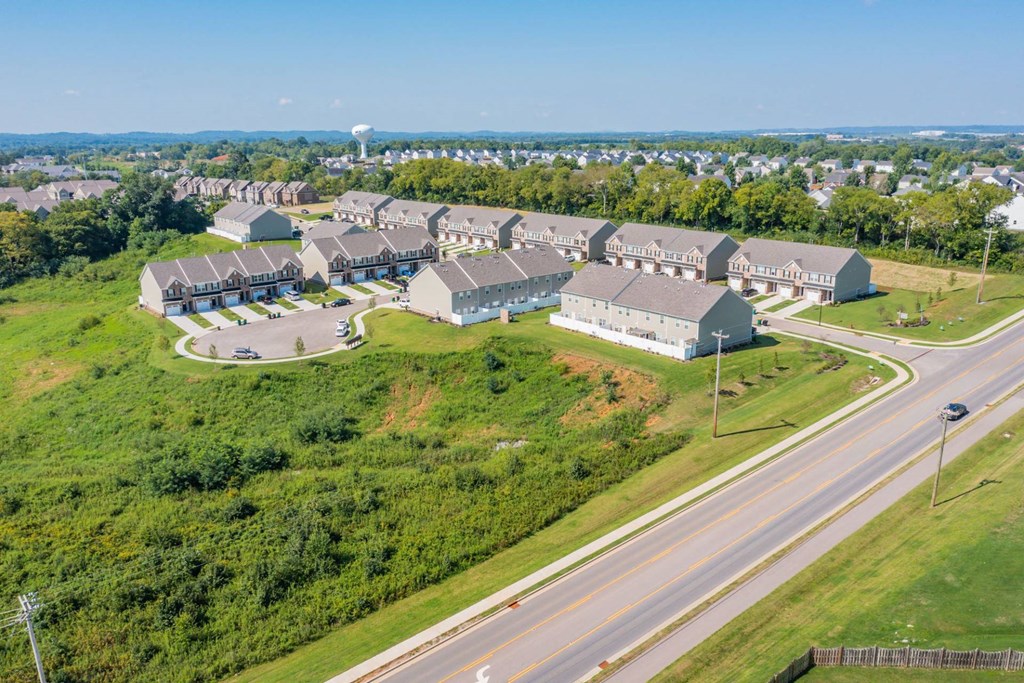 a group of houses on a grassy hill with a road in the foreground