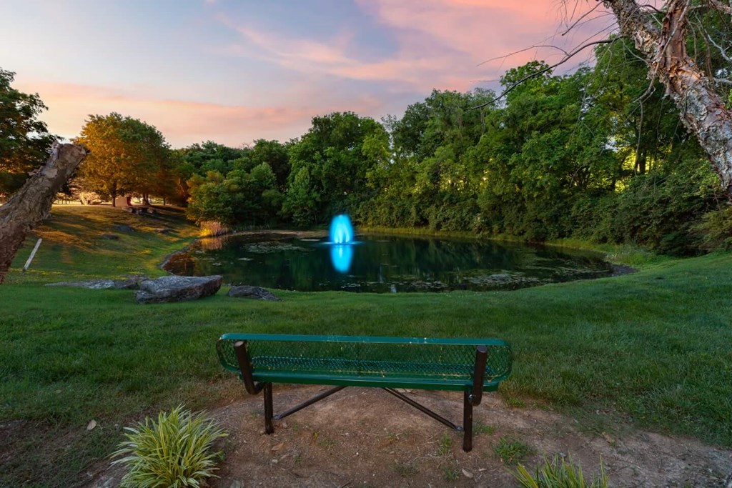 A park bench is situated in front of a pond with a blue light in the middle of the water.