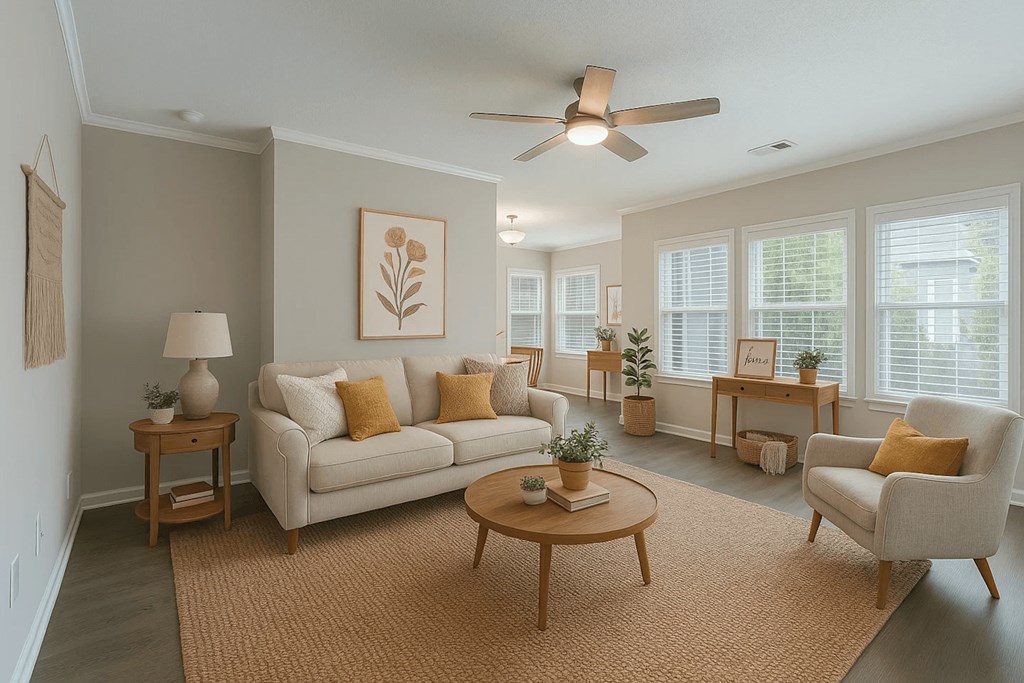 A living room with a couch, a chair, a coffee table, and a ceiling fan.