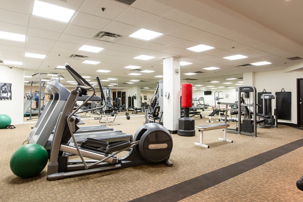 A gym with a variety of equipment including a leg press machine.