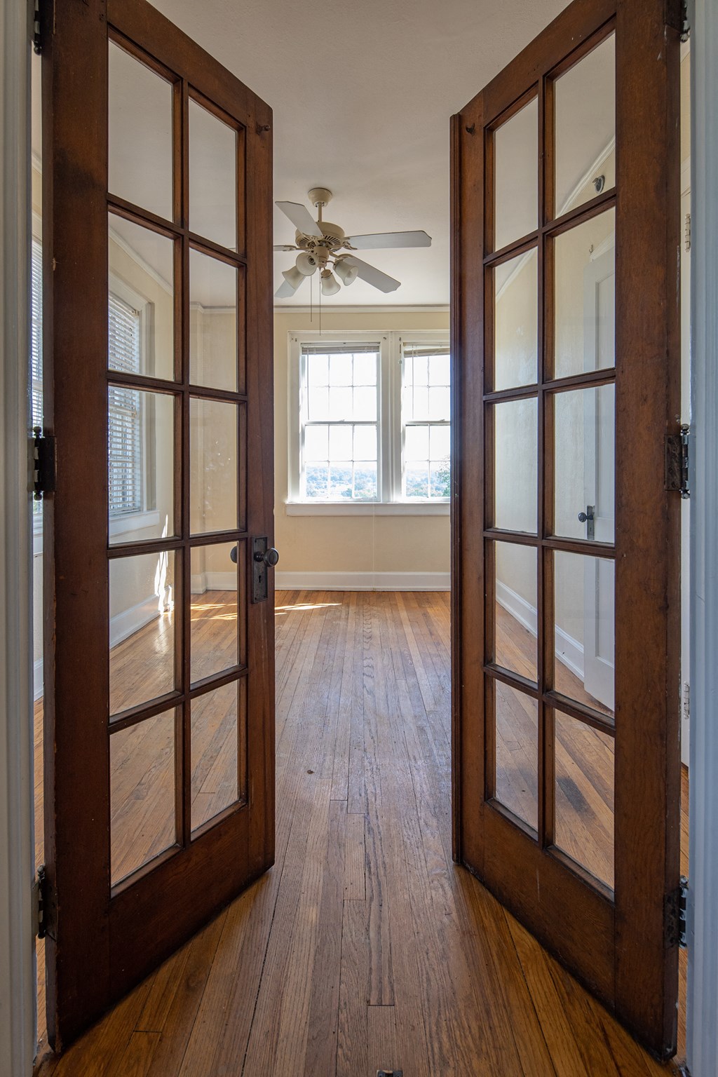 the view from the living room into the dining room