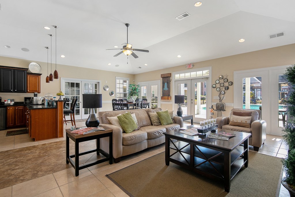 a living room with a couch and a table