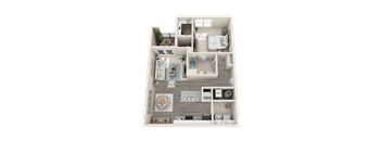 A 3D rendered image of a small apartment layout.