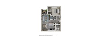 A floor plan of a small apartment with a kitchen, living room, and bathroom.