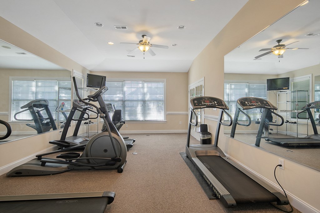 the gym has plenty of exercise equipment including treadmills and ellipticals