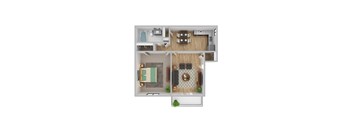A top-down view of a small apartment with a living room, kitchen, and bedroom.