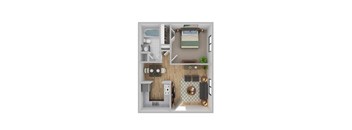 A top down view of a small apartment with a bedroom, living room, kitchen, and bathroom.