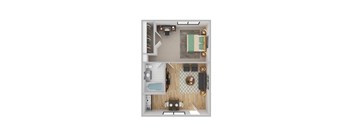A top-down view of a small apartment with a kitchen, living room, and bathroom.