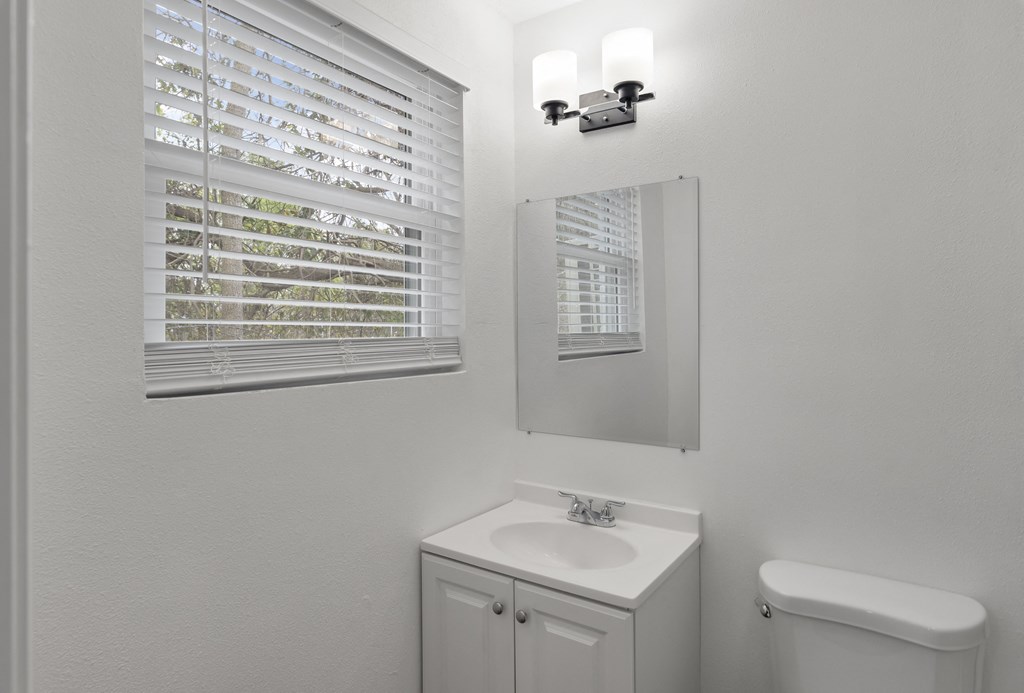 a bathroom with a sink and a mirror and a window