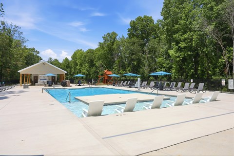 A swimming pool surrounded by trees and chairs.