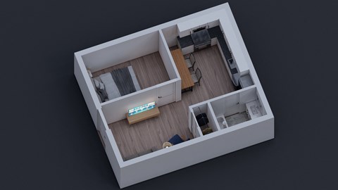 a small apartment with a bedroom and a living room