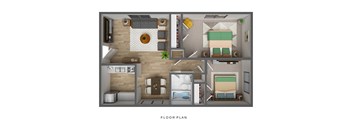 A floor plan of a small apartment with a kitchen, living room, and bedrooms.