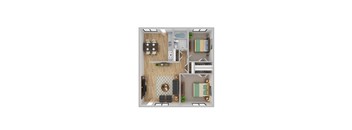 A top-down view of a small apartment with a kitchen, living room, and bedroom.