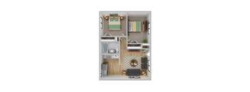 A top-down view of a small apartment with a bedroom, kitchen, and living room.