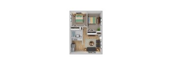 A top-down view of a small apartment with a bedroom, living room, and kitchen.
