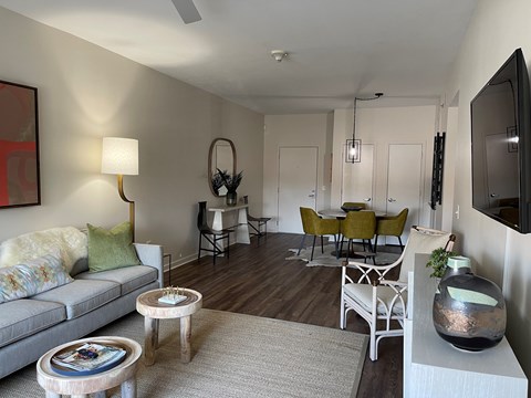 A living room with a grey couch, a coffee table, a dining table, and chairs.