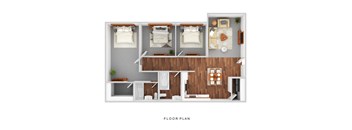 a stylized floor plan with a bedroom and living room