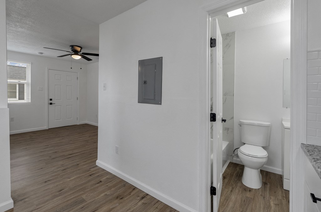 an open bathroom and living room with a toilet and a ceiling fan