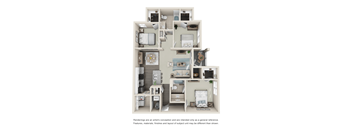 A 3D rendered image of a house layout.