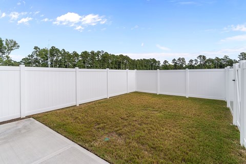 A white fence encloses a grassy yard.