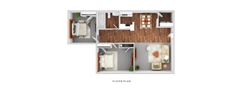 a stylized floor plan with a bedroom and living room