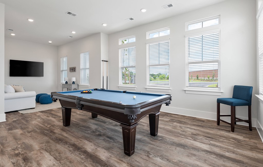 a games room with a pool table and a television