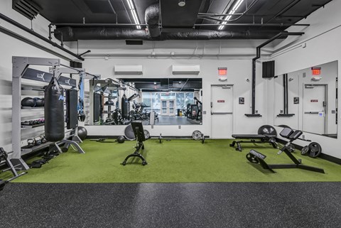 A gym with a green floor and white walls.