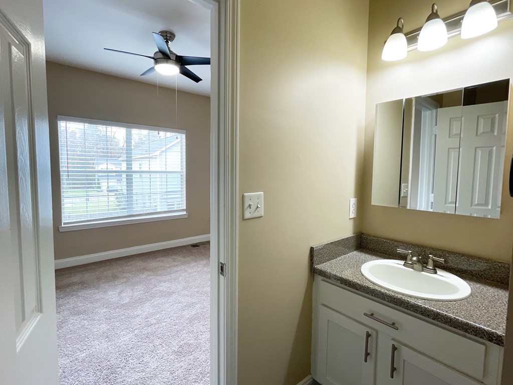 A bathroom with a sink, mirror, and fan.