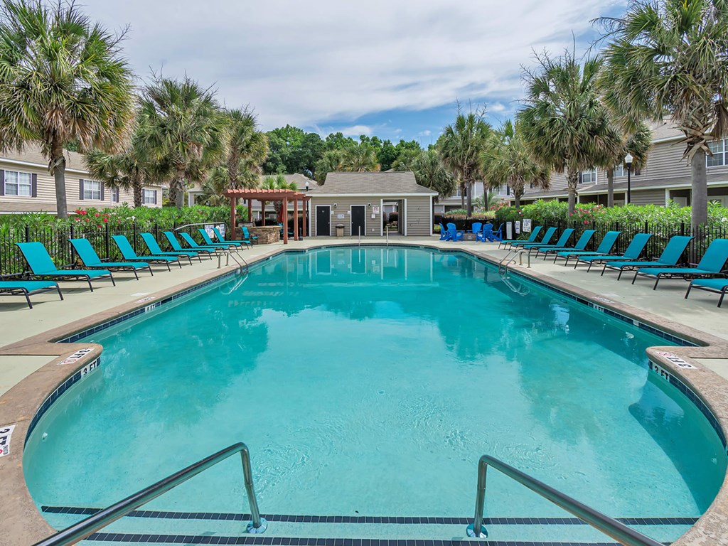 A large swimming pool surrounded by lounge chairs and palm trees.