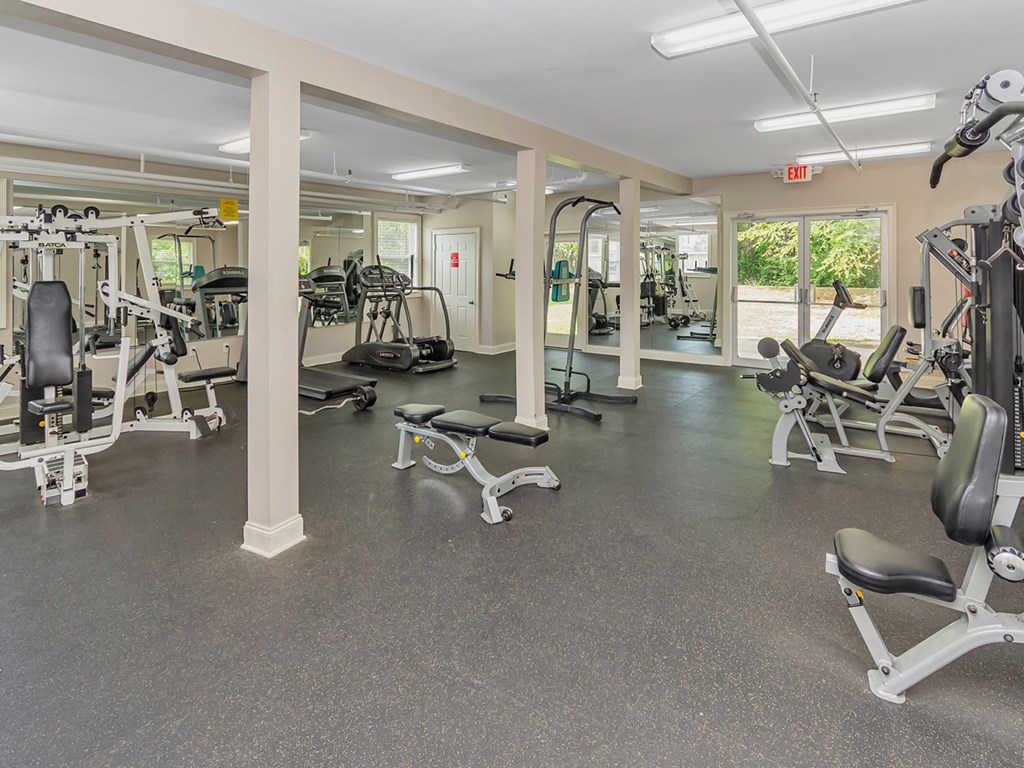 A spacious gym with a variety of equipment.
