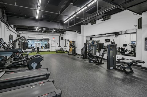 A gym with treadmills, weights, and exercise equipment.