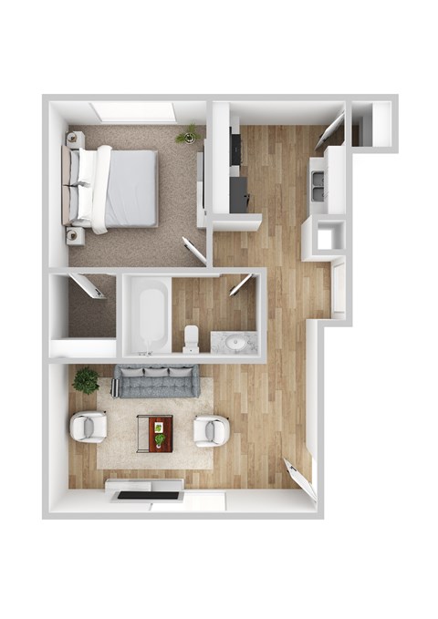 A top-down view of a small apartment with a bedroom, living room, and kitchen.