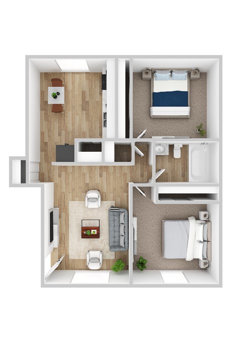 A top-down view of a small apartment with a kitchen, living room, and bathroom.
